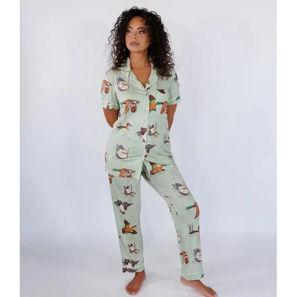 In My Sundays Fancy Fowl Pajama Set Women's Small Duck Sleepwear Green Button Up - Picture 1 of 11